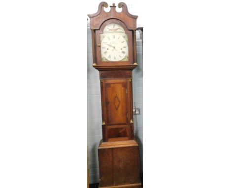 A 19thC oak and mahogany eight day long case clock, the 31cm wide painted arched dial signed Burnett Kidderminster, with Roma