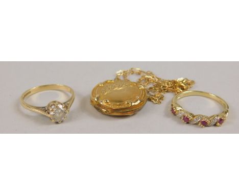 Two 9ct gold dress rings and a gold plated locket, one dress ring set with cz stone, the other with pink and white stones (3)