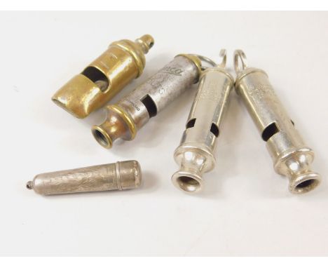 Various whistles, to include an ARP chrome plated example with ring top marked Birmingham, 9cm wide, and three others etc. (a