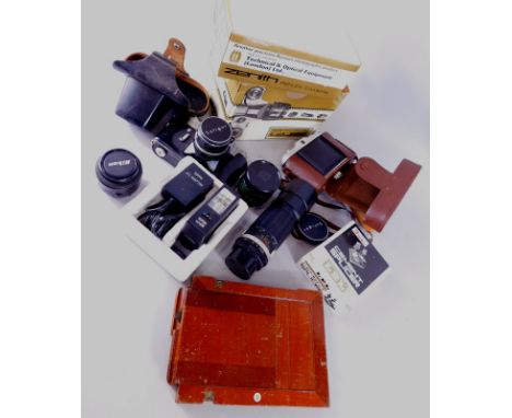 Various camera equipment etc, Zenith reflex camera partially boxed, Soligor lense 17cm high, Marx:4.5 f=200mm, other camera e