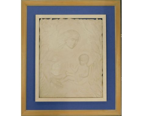 A 20thC raised marble style religious plaque, formed as Madonna and Child with a surround of birds, 49cm x 37cm.