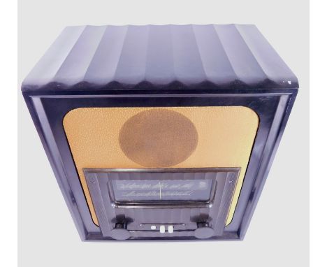 A mid 20thC black Bakelite cased Murphy radio, with speaker front and articulated tuning knobs, 30cm high, 50cm wide, 20cm de