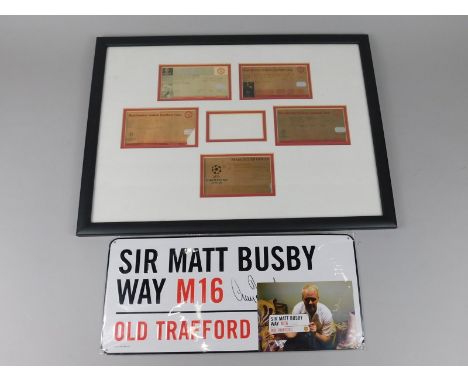 Various Manchester United related ephemera etc., reproductions Matt Busby way sign, signed by Gary Pallister, 40cm wide, and 