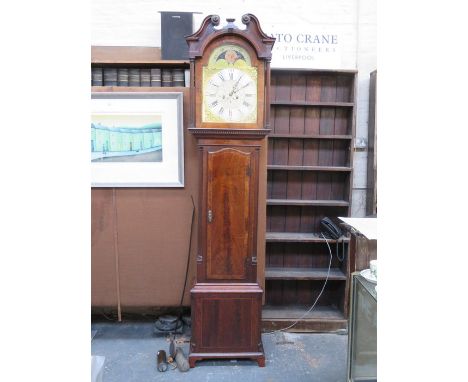 MAHOGANY INLAID CASED LONGCASE CLOCK WITH HANDPAINTED AND BRASS ROLLING MOON DIAL, BY 'TAYLOR-K-S-WT HAVEN'