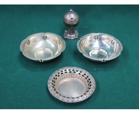 HALLMARKED SILVER RECEIVER, TWO PLATED DISHES AND GOLFING RELATED CRUET ITEM 
