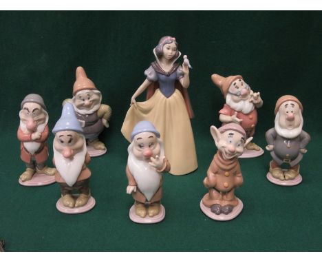 LLADRO GLAZED CERAMIC FIGURE GROUP OF DISNEY SNOW WHITE AND SEVEN DWARFS