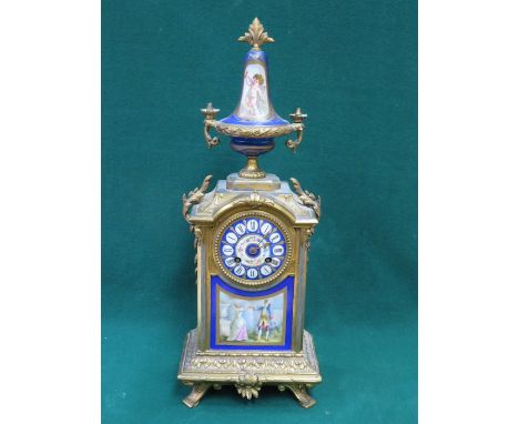 PRETTY FRENCH STYLE GILT METAL MANTLE CLOCK WITH HAND PAINTED AND GILDED PORCELAIN DIAL AND PANEL, APPROXIMATELY 50cm HIGH - 