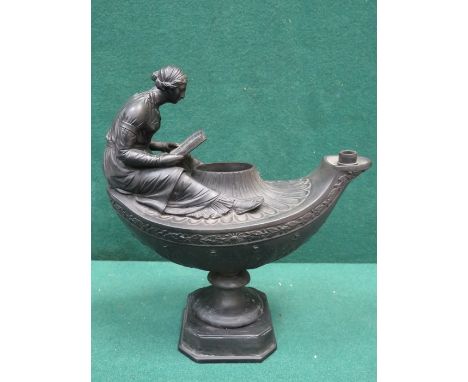 WEDGWOOD BLACK BASALT 19th CENTURY FIGURE FORM VESTEL LAMP, COVER DEFICIENT, APPROXIMATELY 23cm HIGH 
