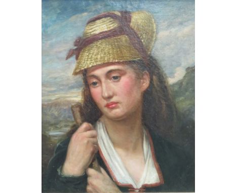 UNSIGNED OIL ON CANVAS PORTRAIT DEPICTING A SHEPARDESS, APPROXIMATELY 40cm x 32cm 