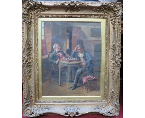 ALEX AUSTIN, GILT FRAMED OIL ON CANVAS - PLAYING CHESS, APPROXIMATELY 38cm x 29cm 