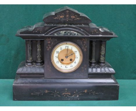 BLACK SLATE MANTLE CLOCK WITH ENAMELED AND GILT CIRCULAR DIAL, APPROXIMATELY 38cm HIGH 