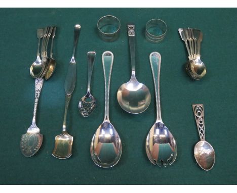 HALLMARKED SILVER SPOON STAMPED  'A S'.  ALSO PLATED FLATWARE, NAPKIN RINGS, ETC. 