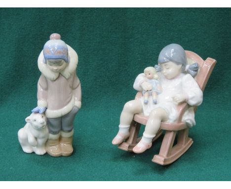 LLADRO GLAZED CERAMIC FIGURE OF A BOY WITH POLAR CUB & LLADRO GLAZED CERAMIC FIGURE OF A GIRL IN ROCKING CHAIR 