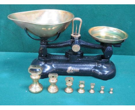 SET OF VINTAGE PAINTED CAST METAL 'LIBRASCO' SCALES WITH BRASS BELL WEIGHTS 