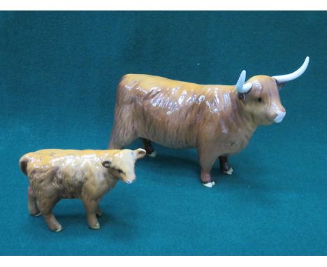 BESWICK GLAZED CERAMIC HIGHLAND COW NO 1740 & BESWICK GLAZED CERAMIC HIGHLAND CALF NO 1827 