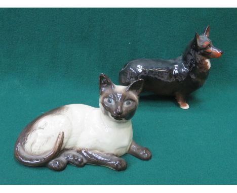 BESWICK GLAZED CERAMIC SIAMESE CAT NO 1559 & BESWICK GLAZED CERAMIC CORGI "BLACK PRINCE" NO 1299