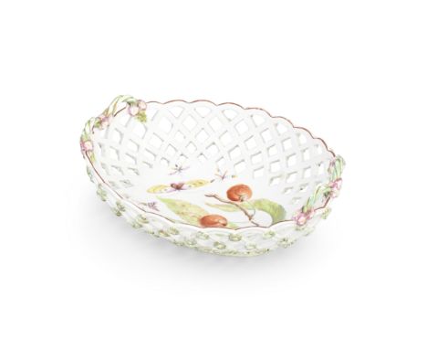 A Derby basket, circa 1758-60Of oval form, the pierced sides applied with florets at the intersections, the entwined handles 