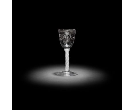 A Dutch stipple-engraved opaque twist wine glass, circa 1760Perhaps by J Wolff, the round funnel bowl delicately engraved wit