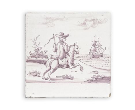 An English delftware Popish Plot tile, circa 1680-1700Painted in manganese with 'Capt Bedlow carrying letters to Forraigne Pa