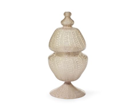 An unusual Spanish façon de Venise latticinio vase and cover, probably Catalan, late 17th or 18th centuryOf pale brown tint, 