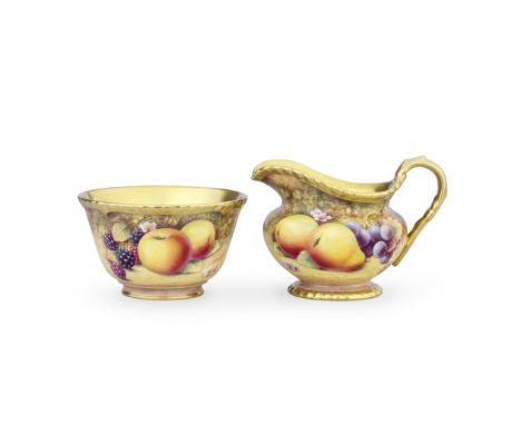 A Royal Worcester 'Painted Fruit' milk jug and sugar bowl by Peter Platt, circa 1970Painted with autumn fruits and berries on