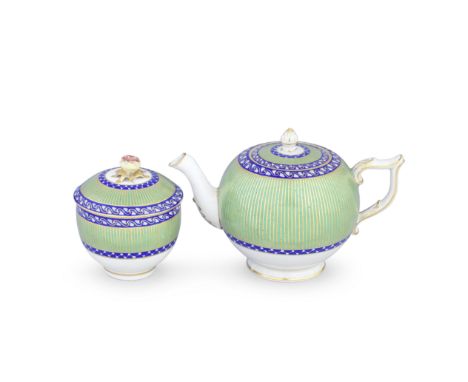 A fine Derby cabaret teapot and cover and sucrier and cover, circa 1777-79the globular teapot with a wishbone handle and leaf