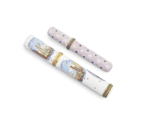 Two South Staffordshire enamel needle cases, circa 1770 One with gilt metal mounts, painted with three panels of figures in g