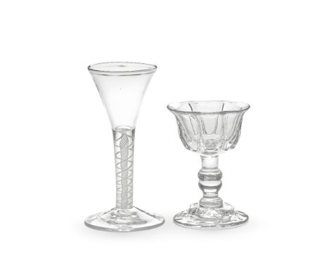 A miniature opaque twist cordial glass and a miniature baluster sweetmeat glass, mid-18th centuryOf very attractive small siz