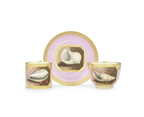 A Barr, Flight and Barr teacup, coffee can and saucer, circa 1810With ring handles, painted with octagonal panels of shells a