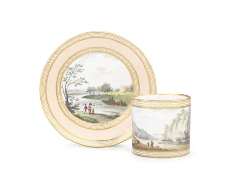 A Derby coffee can and saucer, circa 1790The can painted with 'Cotton Mill, Cromford, Derbyshire', the saucer with 'South Vie