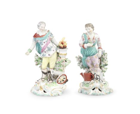 A rare pair of Derby figures emblematic of Earth and Fire, circa 1770-75From a set of The Four Elements, both standing before