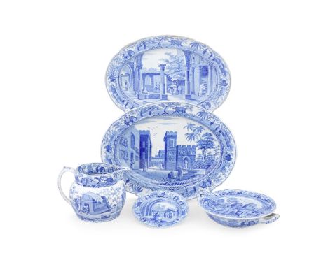 A collection of Spode blue-printed earthenware from the 'Caramanian' series, circa 1810-20Comprising two platters with 'The C