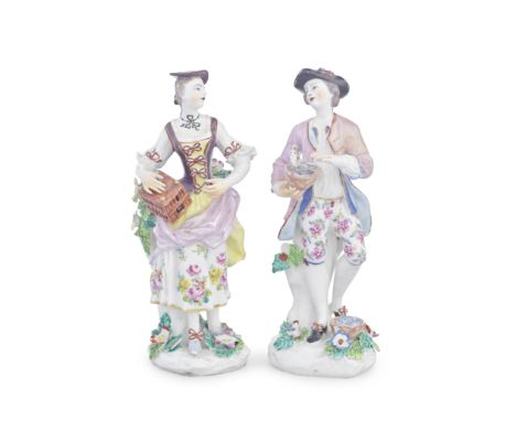 Pair of Bow figures of Liberty and Matrimony, circa 1762-65Both modelled standing, she wearing a purple bodice and floral ski