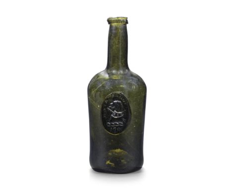 An armorial sealed 'Cylinder' wine bottle, dated 1791 Of olive-green tint, the narrow body with a slightly tapering neck and 