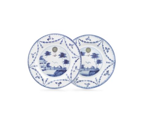 A pair of Lambeth (Thomas Morgan and Abigail Griffith) delftware ballooning plates, circa 1785With the ascent of Vincenzo Lun