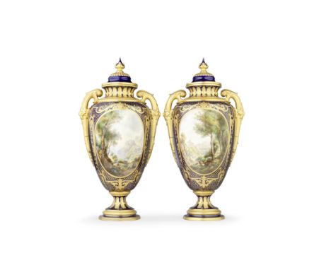 A massive pair of Royal Worcester vases and covers by Harry Davis, dated 1921In traditional French style, the ovoid bodies ap