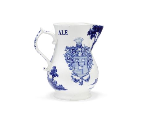 An important Vauxhall armorial ale jug, circa 1755Of baluster shape, the wishbone handle with scrolled terminals and a high t