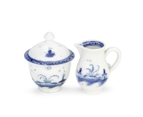 A Caughley toy sucrier and cover and a jug, circa 1785-88 Painted in blue with the 'Island' pattern consisting of a tree and 