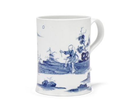 A good Worcester mug or tankard, circa 1756Of cylindrical form with a gently spreading foot and a grooved strap handle, paint