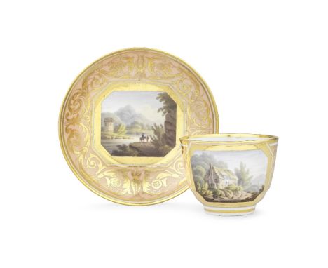 A Barr, Flight and Barr Worcester teacup and saucer, circa 1805The cup with a delicate ring handle, painted with a thatched c