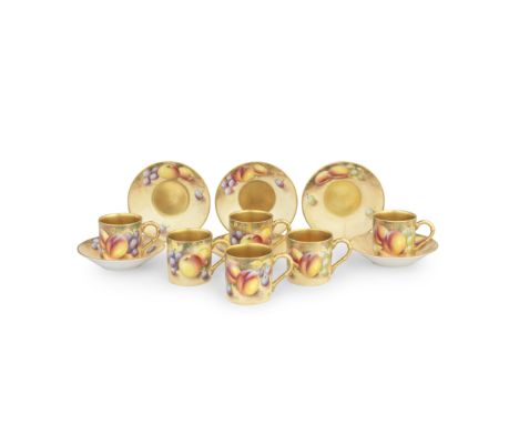 A set of six Royal Worcester 'Painted Fruit' coffee cups and saucers by William Roberts, circa 1970Painted with autumn fruits