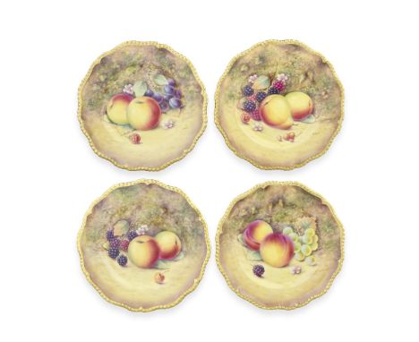 Four Royal Worcester 'Painted Fruit' plates by Peter Platt, circa 1970Fully painted with ripe fruits including peaches, apple