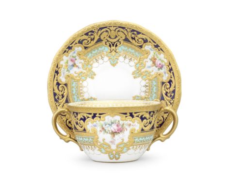 A Royal Crown Derby ecuelle and stand from the Judge Gary service, dated 1910 and 1911Of 'Ely' shape, painted with baskets of