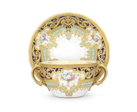 A Royal Crown Derby ecuelle and stand from the Judge Gary service, dated 1910 and 1911Of 'Ely' shape, painted with baskets of