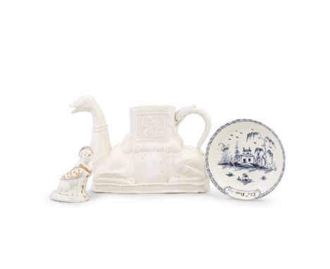 A Staffordshire saltglaze stoneware teapot, a Prattware model of a sphinx and a dated creamware saucer, circa 1750-1790The te