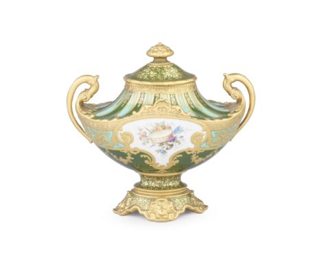 A Royal Crown Derby vase and cover by Désiré Leroy, dated 1897Of oval section with high scrolled handles, delicately painted 