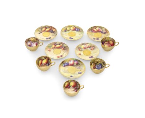 Five Royal Worcester 'Painted Fruit' teacups and six saucers, dated 1921-31Painted to the interiors with autumn fruits agains