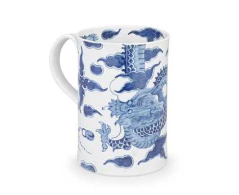 A Worcester large mug or tankard, circa 1760-65Of cylindrical form with grooved loop handle, painted in blue with the 'Dragon