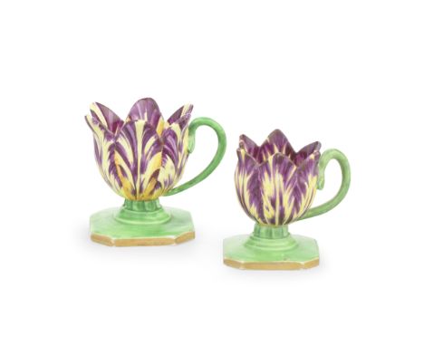 Two similar Spode tulip cups, circa 1820One of large size and one smaller, both modelled as a single flower with variegated p
