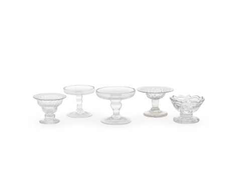 Two patch stands and three sweetmeat glasses, 18th centuryOf attractive small size, the stands with broad trays, everted rims